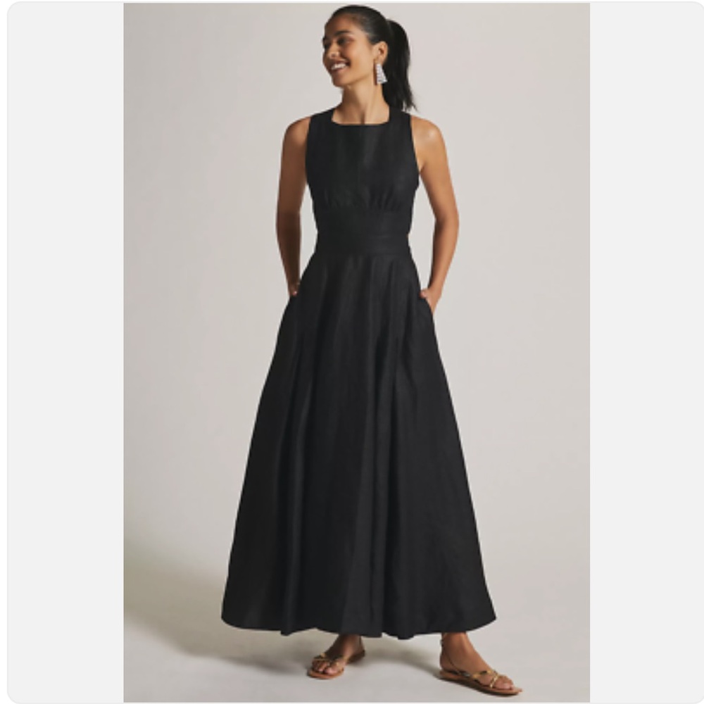 Anthropologie Black Linen Aureta Pleated Skirt w/ Open Back Maxi Dress Large